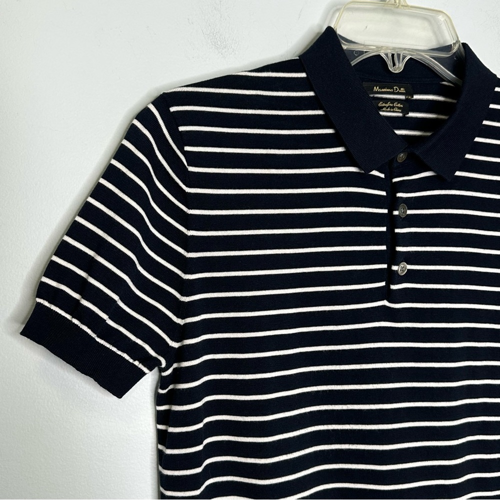 Massimo Dutti Men’s Short Sleeve Extrafine Cotton Navy Striped Knit Polo Shirt S - Picture 3 of 7